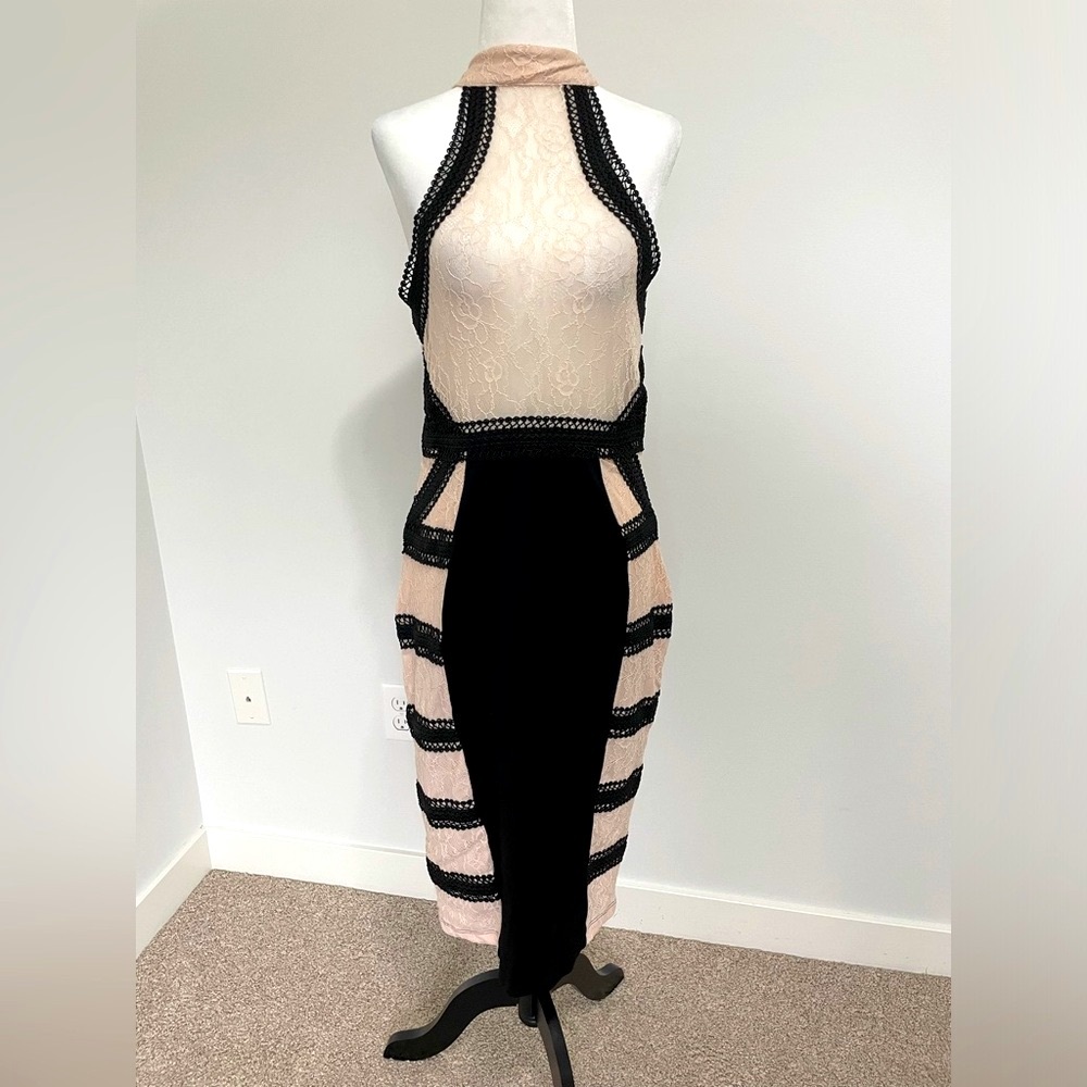 Venus Full Back Zip Black & Pink Halter Dress - Size 8